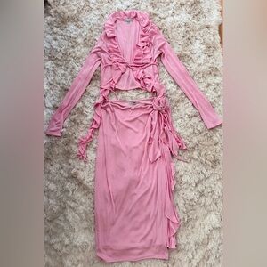 Fashion Nova Pink Ruffle Wrap Midi Dress Set